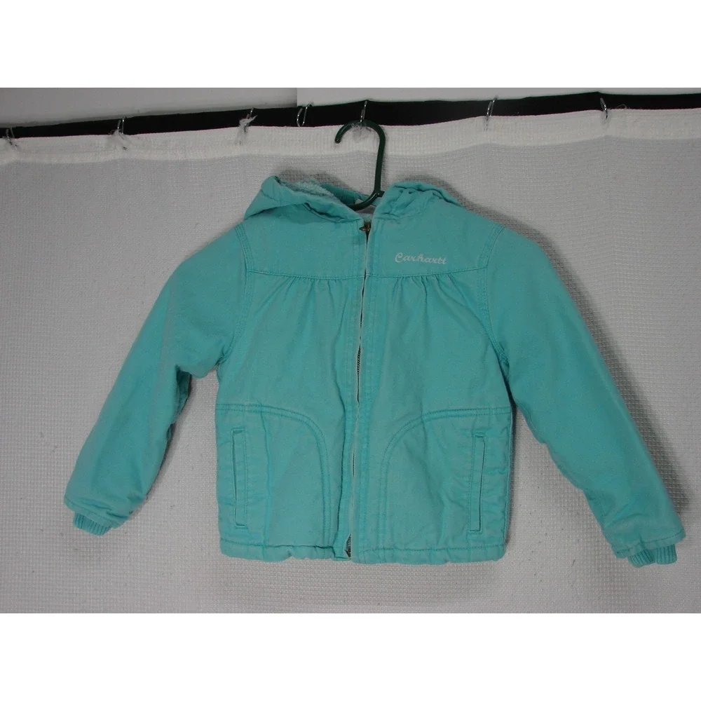 Carhartt Insulated Canvas Jacket Girls 5 Blue Sherpa Lined Hooded Full Zip